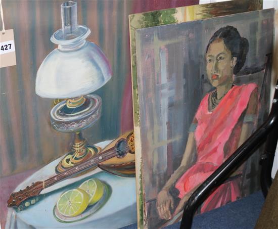 Marion Lewin (1922-79), three oils on card, Still lifes and study of an Indian woman, largest 61 x 51cm, all unframed